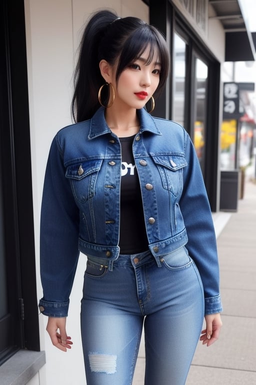 Japanese onlyfans model woman, 40 years old, dark lips, onlyfans model girl hairstyle with ponytail and fringe, typical fashion model woman outfit, hoop earrings, tight denim jacket, punk girl makeup, full body shot, slim girl, sexy body, long nails,sexy jeans,Sexy Pose,blackbootsnjeans,1 girl 