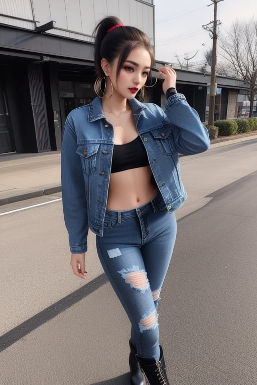 Japanese onlyfans model woman, 18 years old, dark lips, onlyfans model girl hairstyle with ponytail and fringe, typical fashion model woman outfit, hoop earrings, tight denim jacket, punk girl makeup, full body shot, slim girl, sexy body, long nails,sexy jeans,Sexy Pose,blackbootsnjeans,1 girl 