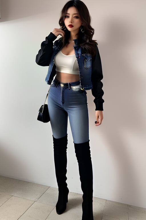 Japanese onlyfans model woman, 18 years old, dark lips, onlyfans model teen girl hairstyle, typical fashion model woman outfit, tight cropped denim jacket, punk girl makeup, full body shot, slim girl, sexy body, long nails,sexy jeans,Sexy Pose,blackbootsnjeans,1 girl ,asian girl