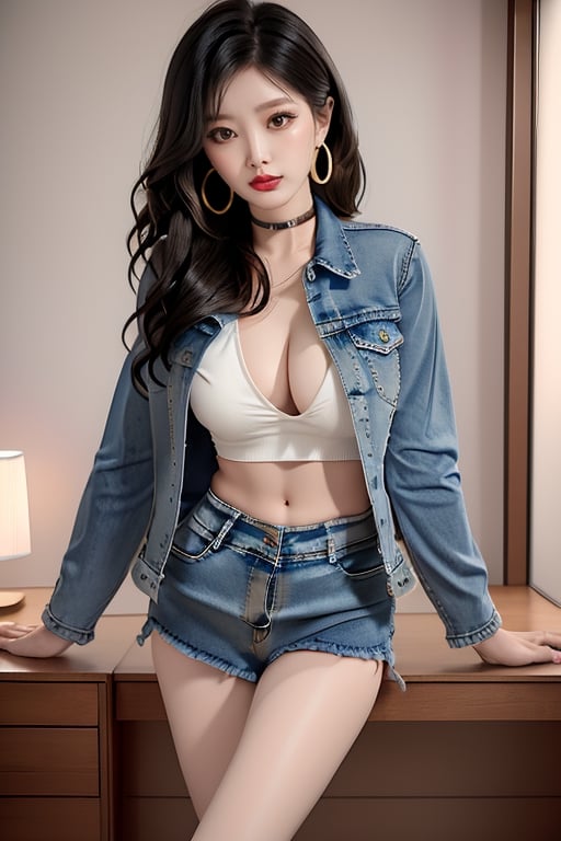 Japanese onlyfans model woman, 29 years old, dark lips, onlyfans model girl hairstyle, typical fashion model woman outfit, hoop earrings, tight denim jacket, punk girl makeup, full body shot, slim girl, sexy body, long nails,sexy jeans