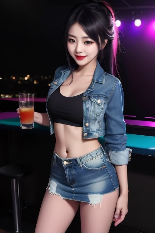 Japanese rebel girl singer, 18 years old, smile, dark lips, rebel outfit, punk girl hairstyle, she is dancing in a party at a night club, cropped small denim jacket, tight ripped mini denim skirt, punk girl makeup, full body shot, slim girl,1girl,sssggg