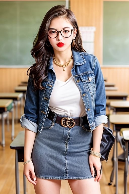 Sexy high school teacher girl, 25 years old, sexy denim jacket, formal black skirt, gucci belt, formal makeup, formal attire, red lips, cute style, she is wearing glasses, formal hairstyle, she is posing sexy inside her classroom