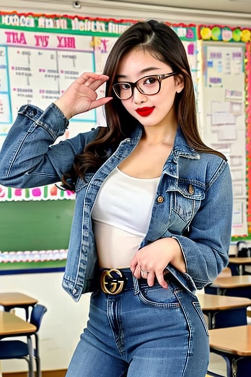 Sexy high school teacher girl, 25 years old, sexy denim jacket, jeans, gucci belt, formal makeup, formal attire, red lips, cute style, she is wearing glasses, formal hairstyle, she is posing sexy inside her classroom