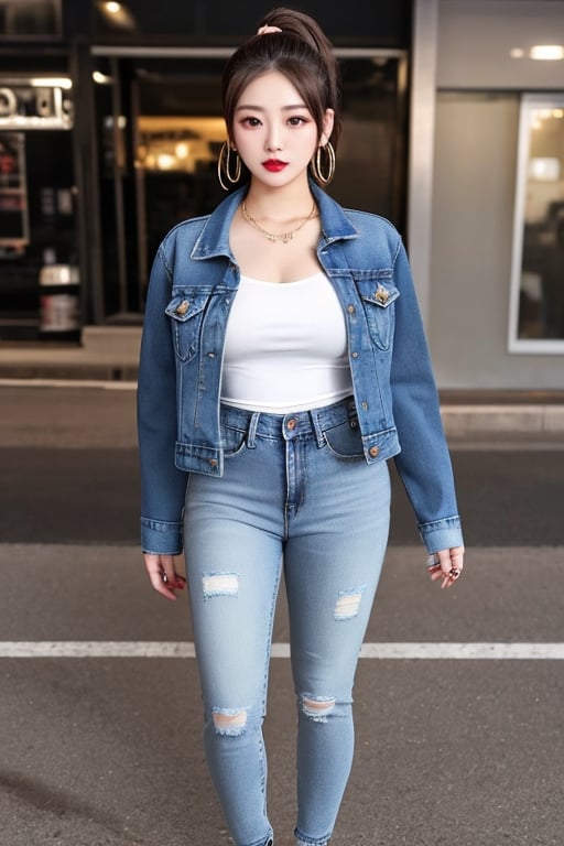 Japanese onlyfans model woman, 19 years old, dark lips, onlyfans model girl hairstyle with ponytail and fringe, typical fashion model woman outfit, hoop earrings, tight denim jacket, punk girl makeup, full body shot, slim girl, sexy body, long nails,sexy jeans