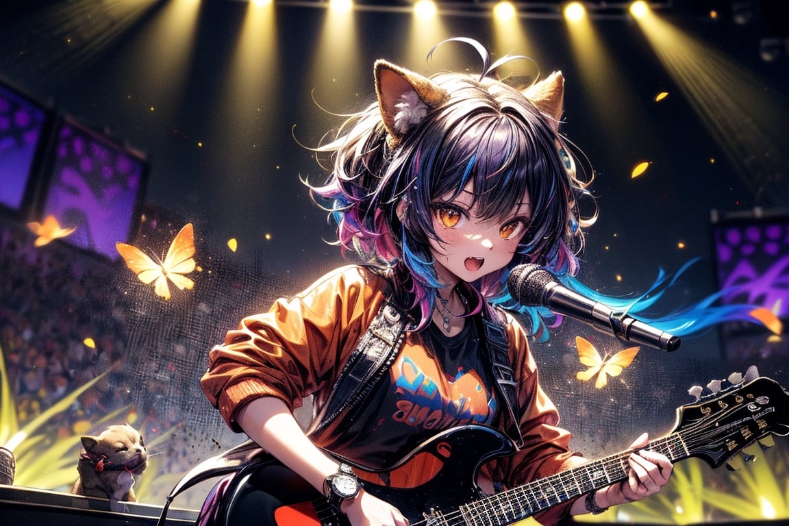 solo,closeup face,animal girl,colorful aura,colorful hair,animal head,red tie,colorful  jacket,colorful short skirt,orange shirt,colorful sneakers,wearing a colorful  watch,singing in front of microphone,play electric guitar,animals background,fireflies,shining point,concert,colorful stage lighting,no people