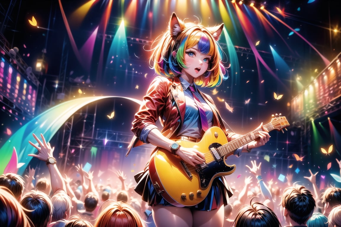 solo,closeup face,animal girl,colorful aura,colorful hair,animal head,red tie,colorful  jacket,colorful short skirt,orange shirt,colorful sneakers,wearing a colorful  watch,singing in front of microphone,play electric guitar,animals background,fireflies,shining point,concert,colorful stage lighting,no people