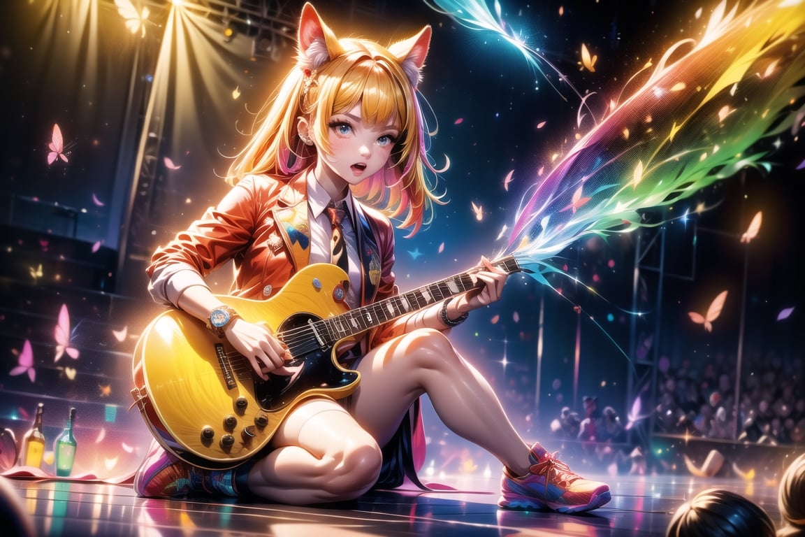 solo,closeup face,animal girl,colorful aura,golden hair,animal head,red tie,colorful  jacket,colorful short skirt,orange shirt,colorful sneakers,wearing a colorful  watch,singing in front of microphone,play electric guitar,animals background,fireflies,shining point,concert,colorful stage lighting,no people