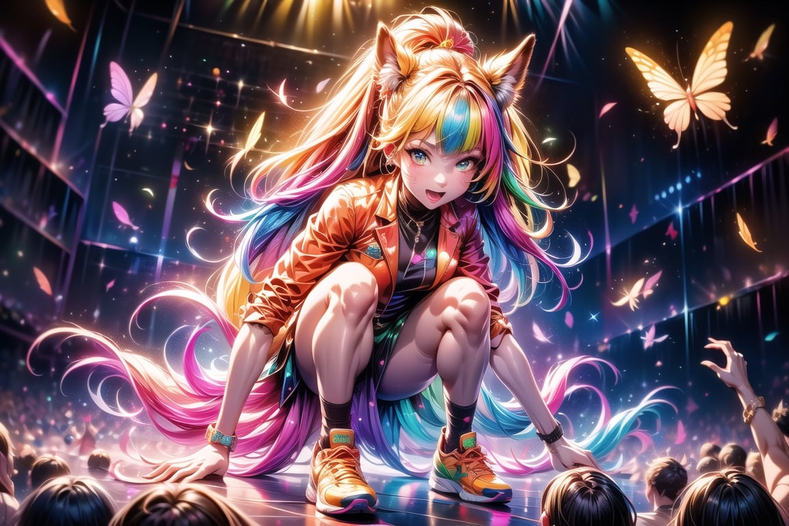 solo,closeup face,animal girl,colorful aura,golden hair,animal head,red tie,colorful  jacket,colorful short skirt,orange shirt,colorful sneakers,wearing a colorful  watch,singing in front of microphone,play electric guitar,animals background,fireflies,shining point,concert,colorful stage lighting,no people