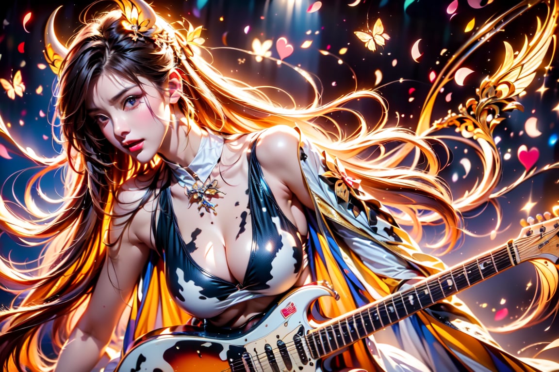 solo,cow girl,closeup face,cow head,holding electric guitar,singing in front of microphone,
cow wings,hungry pose,milk pantyhose,cow jacket,cow shirt,zebra shorts,cow underwear,milk aura,shining point,concert,colorful stage lighting,milk background,no people,Butterfly,electric guitar,rock music