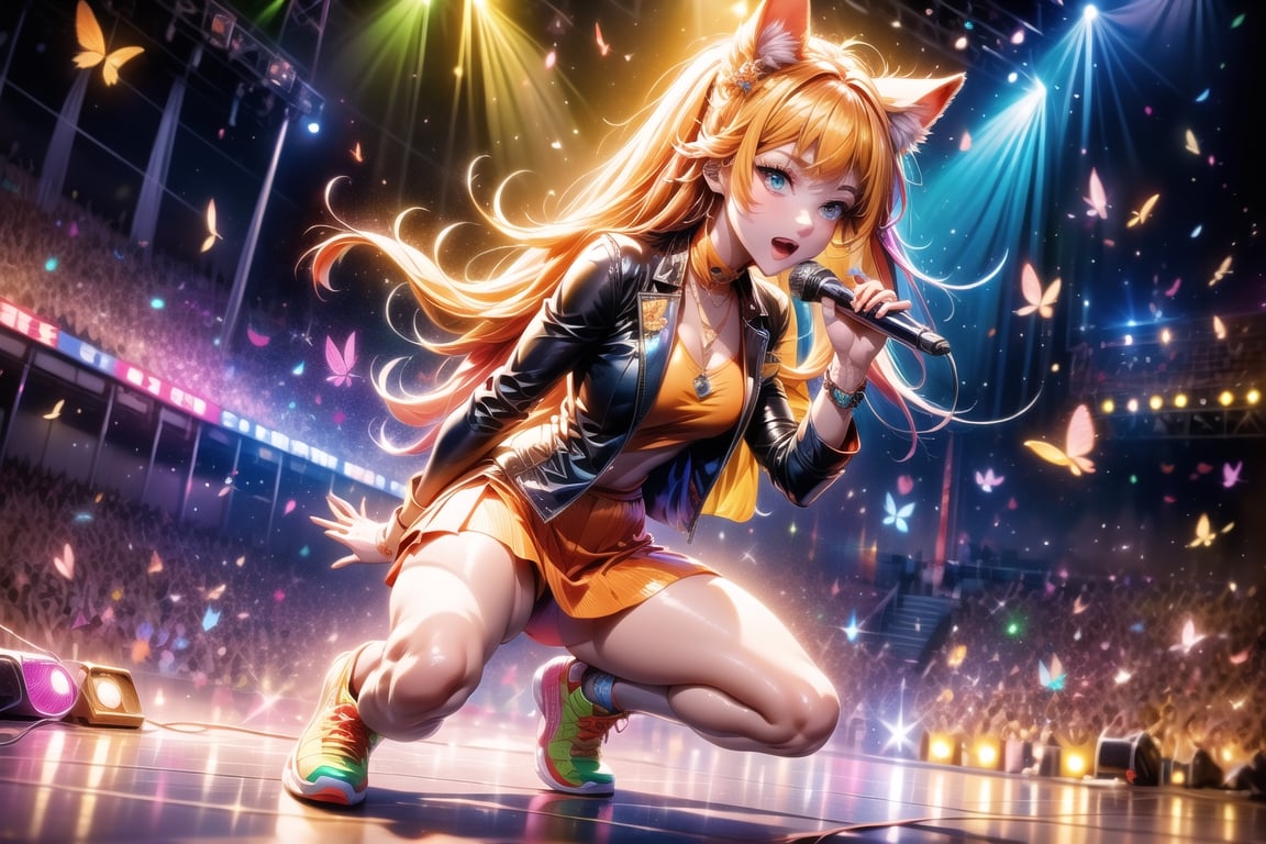 solo,closeup face,animal girl,colorful aura,golden hair,animal head,red tie,colorful  jacket,colorful short skirt,orange shirt,colorful sneakers,wearing a colorful  watch,singing in front of microphone,play electric guitar,animals background,fireflies,shining point,concert,colorful stage lighting,no people