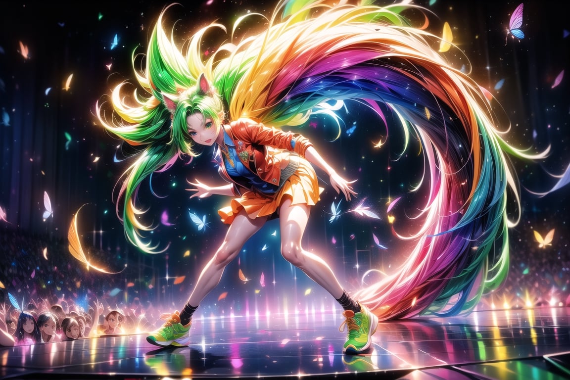 solo,closeup face,animal girl,colorful aura,green hair,animal head,red tie,colorful  jacket,colorful short skirt,orange shirt,colorful sneakers,wearing a colorful  watch,singing in front of microphone,play electric guitar,animals background,fireflies,shining point,concert,colorful stage lighting,no people