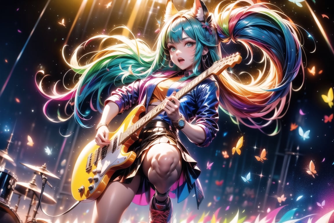 solo,closeup face,animal girl,colorful aura,blue hair,animal head,red tie,colorful  jacket,colorful short skirt,orange shirt,colorful sneakers,wearing a colorful  watch,singing in front of microphone,play electric guitar,animals background,fireflies,shining point,concert,colorful stage lighting,no people