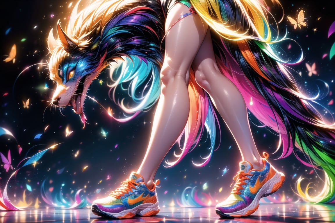 solo,closeup face,animal girl,colorful aura,colorful hair,animal head,red tie,colorful  jacket,colorful short skirt,orange shirt,colorful sneakers,wearing a colorful  watch,singing in front of microphone,play electric guitar,animals background,fireflies,shining point,concert,colorful stage lighting,no people