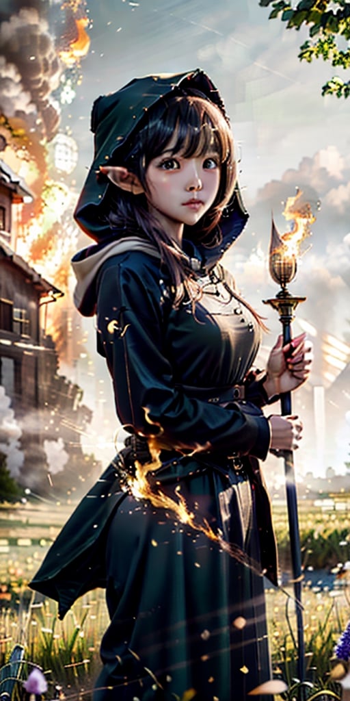 cute korean large-eyed girl, slender face, bangs, 
elf, wizard, magic effect, fireelement, swirling flames, hood, staff, meadow, super detailed background, style-swirlmagic:0.6, 
masterpiece, best Quality, Tyndall effect, good composition, highly details, warm soft light, three-dimensional lighting, volume lighting, Film lighting, cinematic lighting, 