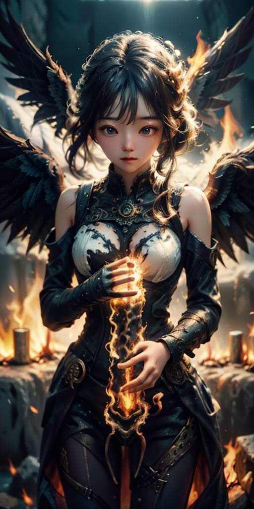 cute korean large-eyed girl, steampunk style, 
captivating design, spirit man ascend from body, The spirit being's arms are spread out, white body, beaming light on her  body, At the end of each arm, there are flames of fire. Above the fire, there is an outline of an angel with wings and a sword in its hand, 
masterpiece, best Quality, Tyndall effect, good composition, highly details, warm soft light, three-dimensional lighting, volume lighting, Film lighting, cinematic lighting, 

,  ,Light particles and spark,DavyJonesLockerStyle