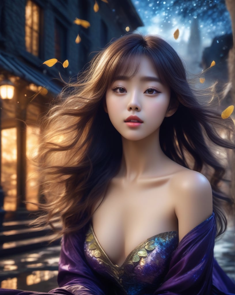 a cute korean large-eyed girl, slender and small face, slight smile, bangs, long wavy hair, sitting, topless, nsfw, 
fairytale Realistic digital art, manga style, dark atmosphere texture, moist oil painting, croquis, 
Barcelona's park digital watercolor landscape, symmetrical and perfect composition, buildings, leaves, broken glass effects, impressive, non-existent, ethical presence, energy, molecules, textures, iris and luminescent scales, impressive beauty, pure destruction, aura, reflection, bottomless, 
octane rendering, ray tracing, 3d rendering, 
surrealistic and fantastic dreamy landscapes, provocative pose, dynamic pose, beautiful legs, sfumato, surrealism, cinematic, masterpiece, combines fantasy and reality, fairytale elements, smooth, Strong and contrasting colors, vivid colors, rich colors, combination of various colors and shades, highly details, best Quality, Tyndall effect, good composition, free composition, spatial effects, lively and deep art, warm soft light, three-dimensional lighting, volume lighting, back lighting hair, Film light, dynamic lighting