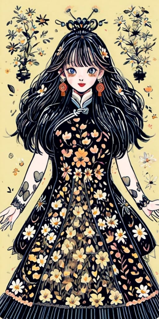 cute korean large-eyed girl, bangs, long wavy hair, 
(flowers:1.3),(zentangle:1.2), (dynamic pose), (abstract background:1.3), (chinese dress:1.2), (shiny skin), (many colors:1.4),jewelry, earrings,  
masterpiece, highly details, best Quality, Tyndall effect, good composition, free composition, spatial effects, lively and deep art, warm soft light, three-dimensional lighting, volume lighting, back lighting hair, Film light, dynamic lighting,


,cartoon