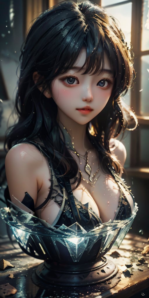 cute korean large-eyed girl, 
"fantasy goddess of mirrors", reflective, shatter, crash, broken glass, 
masterpiece, best Quality, Tyndall effect, good composition, highly details, warm soft light, three-dimensional lighting, volume lighting, Film lighting, cinematic lighting

,