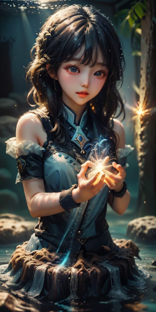 cute korean large-eyed girl,
Blue tones, rainbow gradient, light beam, underwater, 
masterpiece, best Quality, Tyndall effect, good composition, highly details, warm soft light, three-dimensional lighting, volume lighting, Film lighting, cinematic lighting, 

,Light particles and spark