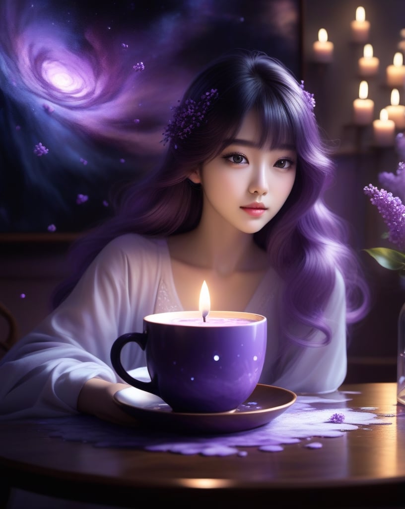 a cute korean large-eyed girl, slender and small face, slight smile, bangs, 
fairytale Realistic digital art, manga style, dark atmosphere texture, moist ink and wah painting, 
This is a picture of the lilac nebula in a mug, lit by candles and glistening water droplets on the petals, the shadow of the mug on the table, a picture that evokes tranquility and tranquility,
octane rendering, ray tracing, oc renderer, 
surrealistic and fantastic dreamy landscapes, provocative pose, dynamic pose, beautiful legs, sfumato, surrealism, cinematic, masterpiece, combines fantasy and reality, fairytale elements, smooth, Strong and contrasting colors, vivid colors, rich colors, combination of various colors and shades, highly details, best Quality, Tyndall effect, good composition, free composition, spatial effects, lively and deep art, warm soft light, three-dimensional lighting, volume lighting, back lighting hair, Film light, dynamic lighting