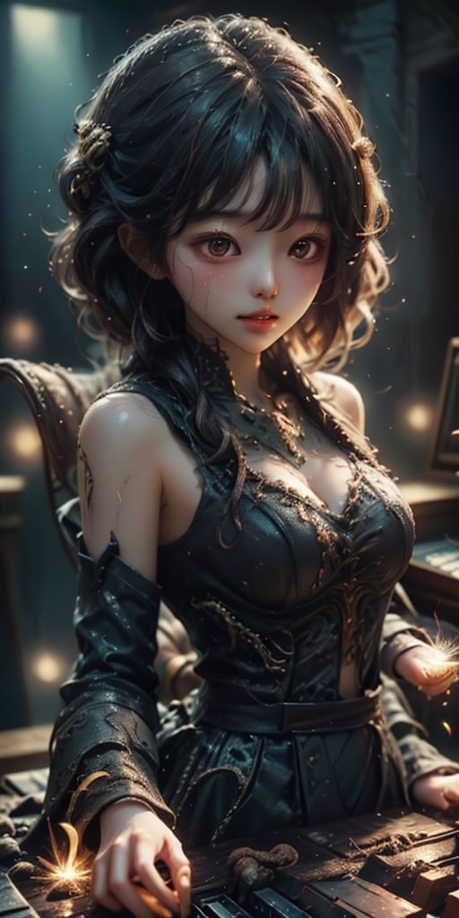 cute korean large-eyed girl, 
A magnificent hell full of monsters, creepy demons playing the piano, 
masterpiece, best Quality, Tyndall effect, good composition, highly details, warm soft light, three-dimensional lighting, volume lighting, Film lighting, cinematic lighting, 

,  ,Light particles and spark,DavyJonesLockerStyle