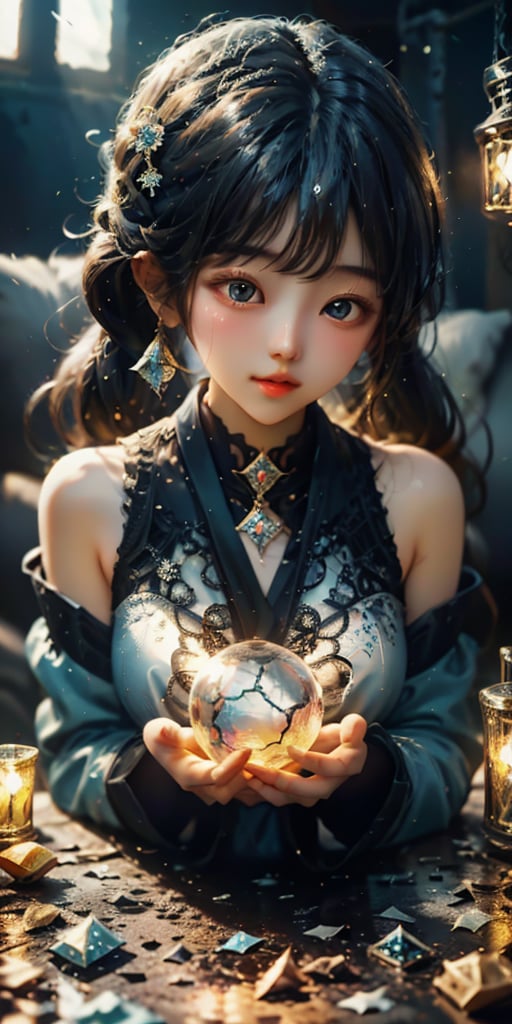 cute korean large-eyed girl, 
"fantasy goddess of mirrors", reflective, shatter, crash, broken glass, 
masterpiece, best Quality, Tyndall effect, good composition, highly details, warm soft light, three-dimensional lighting, volume lighting, Film lighting, cinematic lighting

,