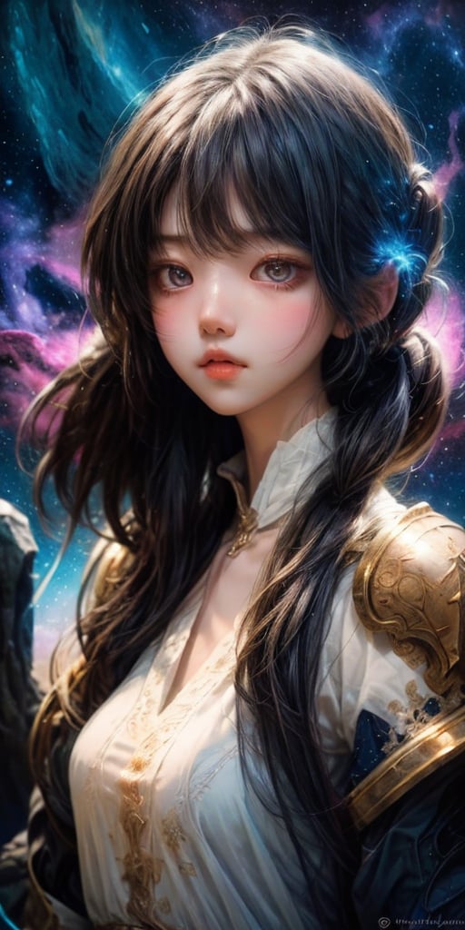 cute korean large-eyed girl, long pigtail, A silhouette of a calm giant girl face, wearing nebula armor, is suspended in the air against a backdrop filled with nebula, 
masterpiece, best Quality, Tyndall effect, good composition, highly details, warm soft light, three-dimensional lighting, volume lighting, Film lighting, cinematic lighting

,