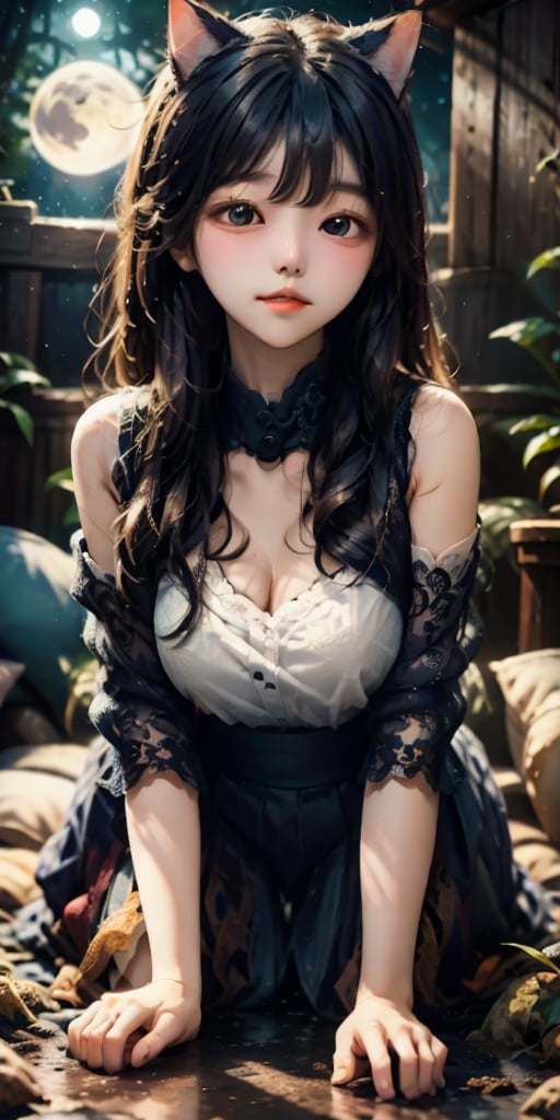 cute korean large-eyed girl, from below, 
A cat sleeping in a full moon night, 
masterpiece, best Quality, Tyndall effect, good composition, highly details, warm soft light, three-dimensional lighting, volume lighting, Film lighting, cinematic lighting, 
,     , ,