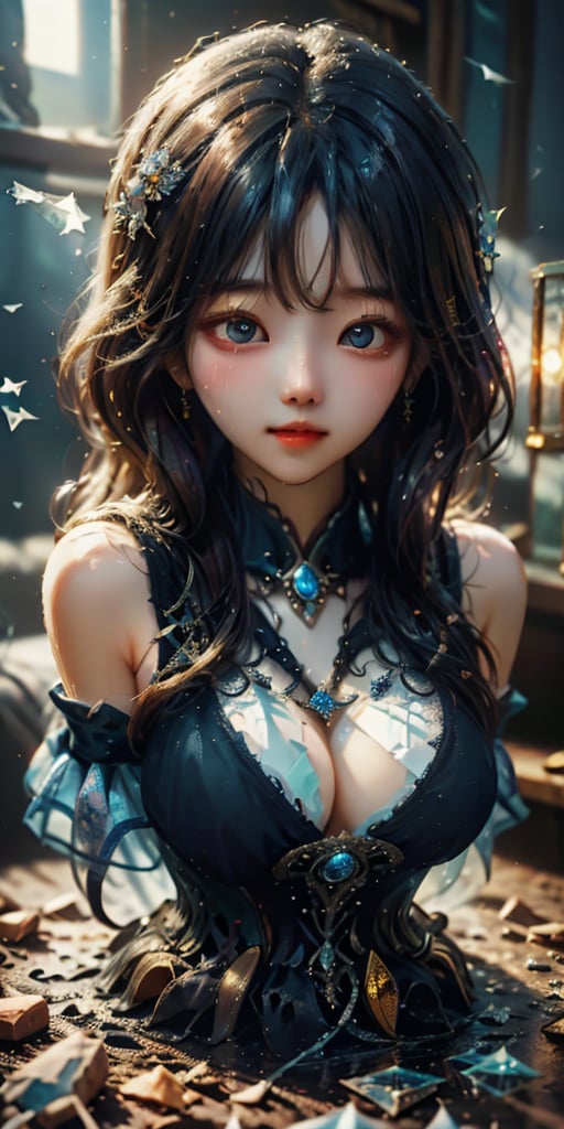 cute korean large-eyed girl, 
"fantasy goddess of mirrors", reflective, shatter, crash, broken glass, 
masterpiece, best Quality, Tyndall effect, good composition, highly details, warm soft light, three-dimensional lighting, volume lighting, Film lighting, cinematic lighting

,