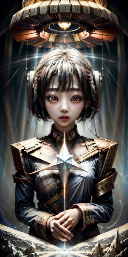 cute korean large-eyed girl, 
surrealistic touches,  post modern, abstract, sharp, rough, lines, star shape, Rock, Paper, 
masterpiece, best Quality, Tyndall effect, good composition, highly details, warm soft light, three-dimensional lighting, volume lighting, Film lighting, cinematic lighting,