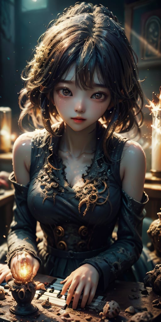 cute korean large-eyed girl, 
A magnificent hell full of monsters, creepy demons playing the piano, 
masterpiece, best Quality, Tyndall effect, good composition, highly details, warm soft light, three-dimensional lighting, volume lighting, Film lighting, cinematic lighting, 

,  ,Light particles and spark,DavyJonesLockerStyle