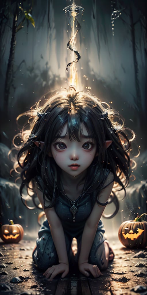 cute korean large-eyed girl, ((kneel down)), (low angle shot:1.4),
splash art, a quirky liquid portrait of hauntingly beautiful dark elf girl, splash style of paint, Pixar style, Halloween colors, 
masterpiece, best Quality, Tyndall effect, good composition, highly details, warm soft light, three-dimensional lighting, volume lighting, Film lighting, cinematic lighting
,


,