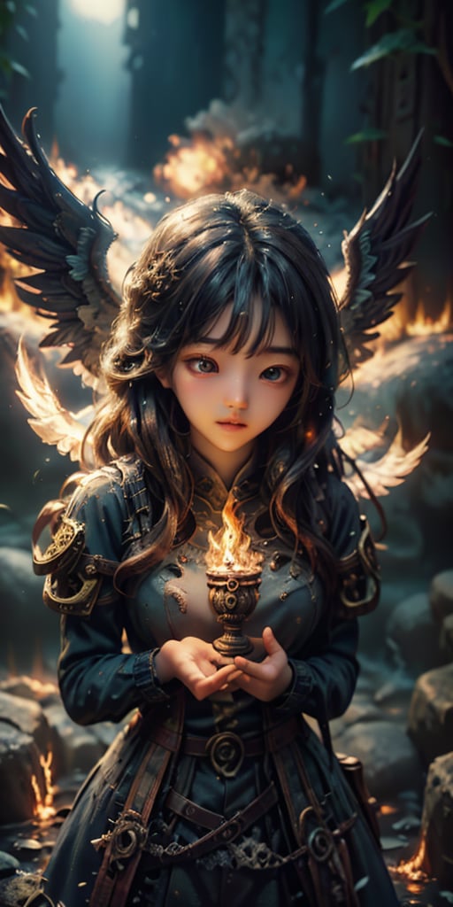 cute korean large-eyed girl, steampunk style, 
captivating design, spirit man ascend from body, The spirit being's arms are spread out, white body, beaming light on her  body, At the end of each arm, there are flames of fire. Above the fire, there is an outline of an angel with wings and a sword in its hand, 
masterpiece, best Quality, Tyndall effect, good composition, highly details, warm soft light, three-dimensional lighting, volume lighting, Film lighting, cinematic lighting, 

,  ,Light particles and spark,DavyJonesLockerStyle