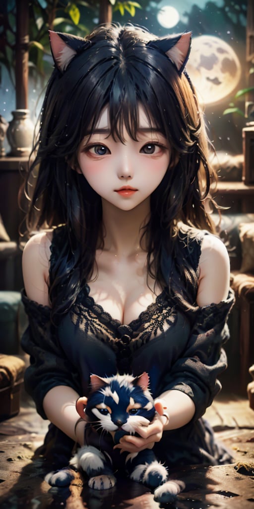 cute korean large-eyed girl, from below, 
A cat sleeping in a full moon night, 
masterpiece, best Quality, Tyndall effect, good composition, highly details, warm soft light, three-dimensional lighting, volume lighting, Film lighting, cinematic lighting, 
,     , ,