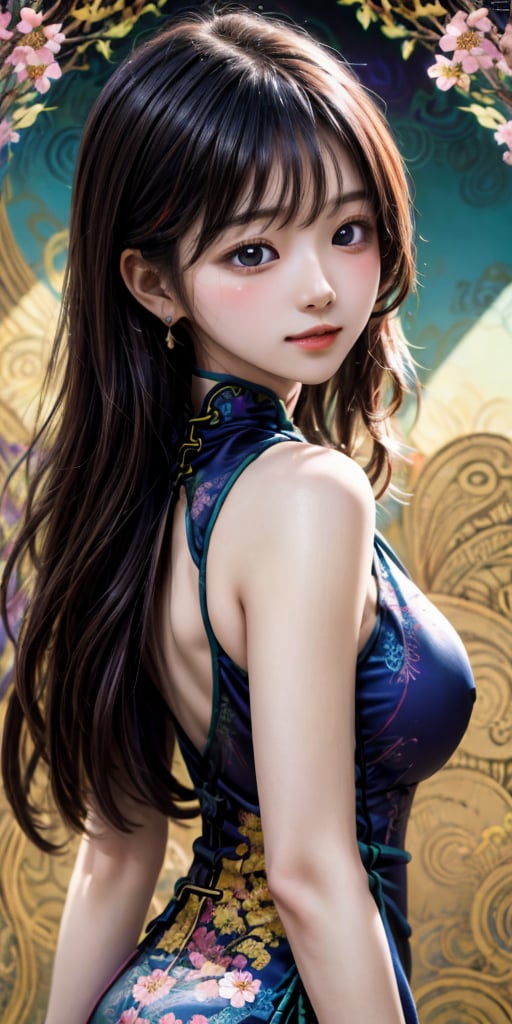 cute korean large-eyed girl, bangs, long wavy hair, 
(flowers:1.3),(zentangle:1.2), (dynamic pose), (abstract background:1.3), (chinese dress:1.2), (shiny skin), (many colors:1.4),jewelry, earrings,  
masterpiece, highly details, best Quality, Tyndall effect, good composition, free composition, spatial effects, lively and deep art, warm soft light, three-dimensional lighting, volume lighting, back lighting hair, Film light, dynamic lighting,

,movicomics