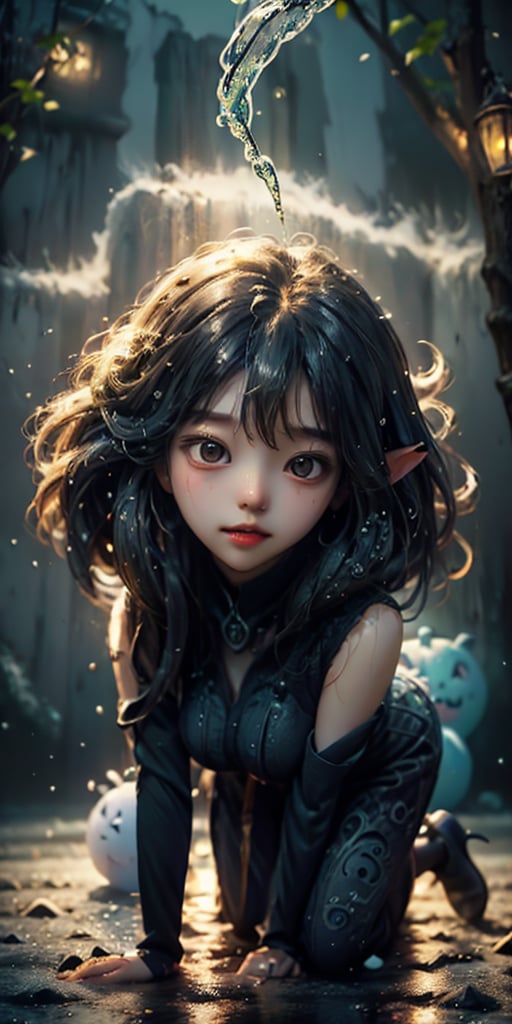 cute korean large-eyed girl, ((kneel down)), (low angle shot:1.4),
splash art, a quirky liquid portrait of hauntingly beautiful dark elf girl, splash style of paint, Pixar style, Halloween colors, 
masterpiece, best Quality, Tyndall effect, good composition, highly details, warm soft light, three-dimensional lighting, volume lighting, Film lighting, cinematic lighting
,


,