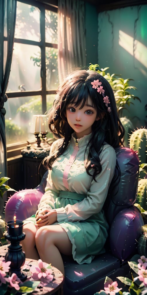 cute korean large-eyed girl,
A grand sitting room inside of an inflatable house with an abundance of light coming in from the windows. Bright colors throughout with lots of pink and mint green. Candelabras float throughout the room. Flowers and pastel cacti cascade down the walls in abundance, 
masterpiece, best Quality, Tyndall effect, good composition, highly details, warm soft light, three-dimensional lighting, volume lighting, Film lighting, cinematic lighting, 

,  