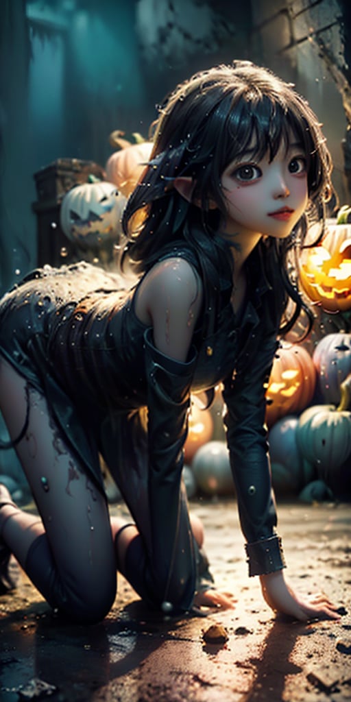 cute korean large-eyed girl, ((kneel down)), (low angle shot:1.4),
splash art, a quirky liquid portrait of hauntingly beautiful dark elf girl, splash style of paint, Pixar style, Halloween colors, 
masterpiece, best Quality, Tyndall effect, good composition, highly details, warm soft light, three-dimensional lighting, volume lighting, Film lighting, cinematic lighting
,


,