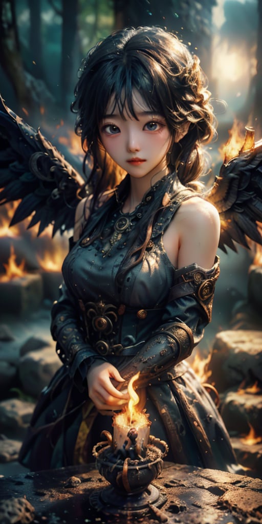 cute korean large-eyed girl, steampunk style, 
captivating design, spirit man ascend from body, The spirit being's arms are spread out, white body, beaming light on her  body, At the end of each arm, there are flames of fire. Above the fire, there is an outline of an angel with wings and a sword in its hand, 
masterpiece, best Quality, Tyndall effect, good composition, highly details, warm soft light, three-dimensional lighting, volume lighting, Film lighting, cinematic lighting, 

,  ,Light particles and spark,DavyJonesLockerStyle