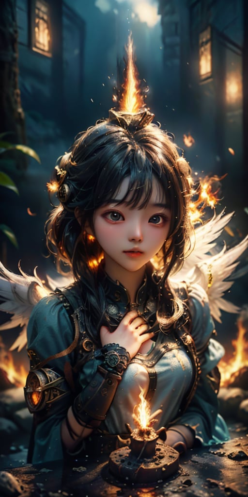 cute korean large-eyed girl, steampunk style, 
captivating design, spirit man ascend from body, The spirit being's arms are spread out, white body, beaming light on her  body, At the end of each arm, there are flames of fire. Above the fire, there is an outline of an angel with wings and a sword in its hand, 
masterpiece, best Quality, Tyndall effect, good composition, highly details, warm soft light, three-dimensional lighting, volume lighting, Film lighting, cinematic lighting, 

,  ,Light particles and spark,DavyJonesLockerStyle