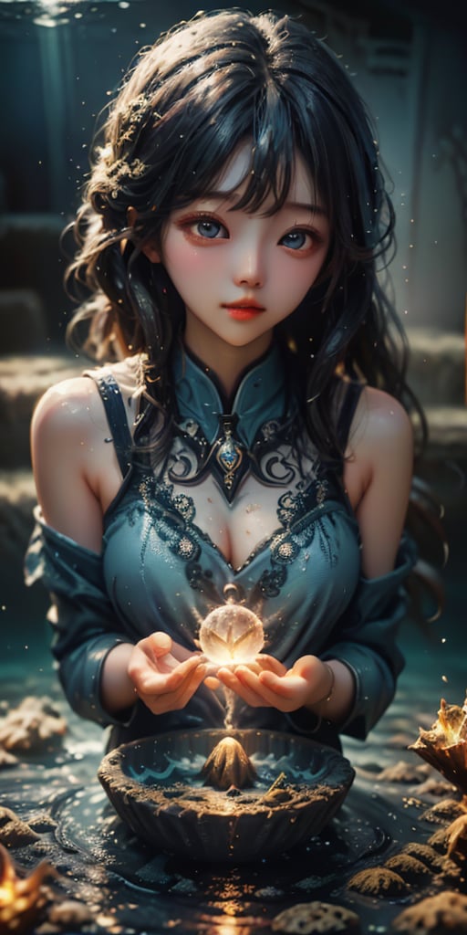 cute korean large-eyed girl,
Blue tones, rainbow gradient, light beam, underwater, 
masterpiece, best Quality, Tyndall effect, good composition, highly details, warm soft light, three-dimensional lighting, volume lighting, Film lighting, cinematic lighting, 

,Light particles and spark