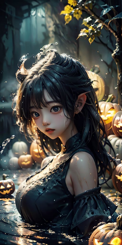 cute korean large-eyed girl, ((kneel down)), (low angle shot:1.4),
splash art, a quirky liquid portrait of hauntingly beautiful dark elf girl, splash style of paint, Pixar style, Halloween colors, 
masterpiece, best Quality, Tyndall effect, good composition, highly details, warm soft light, three-dimensional lighting, volume lighting, Film lighting, cinematic lighting
,


,