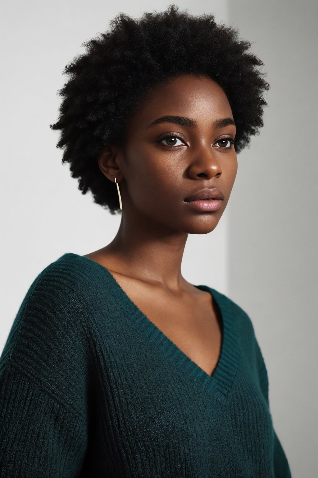 photo, rule of thirds, dramatic lighting, african_american_hair, detailed face, detailed nose, black_woman_wearing_v_neck_turquoise sweater, calm, minimal white background, realism,realistic,raw,analog,black_woman,portrait,photorealistic,analog,realism