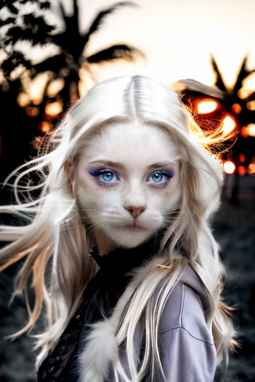 1hybrid-girl, solo, long hair, looking at viewer, stealy-blue eyes, blonde hair, upper body, white hair, blurry, coat, fur trim, makeup, cat, eyeshadow, freckles