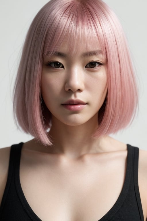 photo, centered, dramatic lighting, shiny_detailed_hair, shoulder_length_pale_pink_hair, hair_color_matches_pantone_182, detailed face, detailed nose, japanese_woman_wearing_sleeveless_punk_tshirt, calm, minimal white background, realism,realistic,raw,analog,asian_woman,portrait,photorealistic,analog,realism