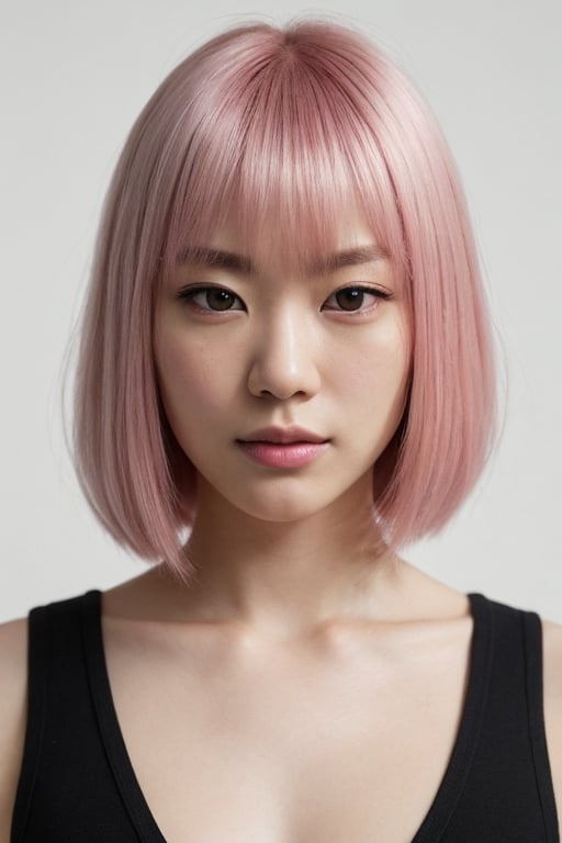 photo, centered, dramatic lighting, shiny_detailed_hair, shoulder_length_pale_pink_hair, hair_color_matches_pantone_182, detailed face, detailed nose, japanese_woman_wearing_sleeveless_punk_tshirt, calm, minimal white background, realism,realistic,raw,analog,asian_woman,portrait,photorealistic,analog,realism