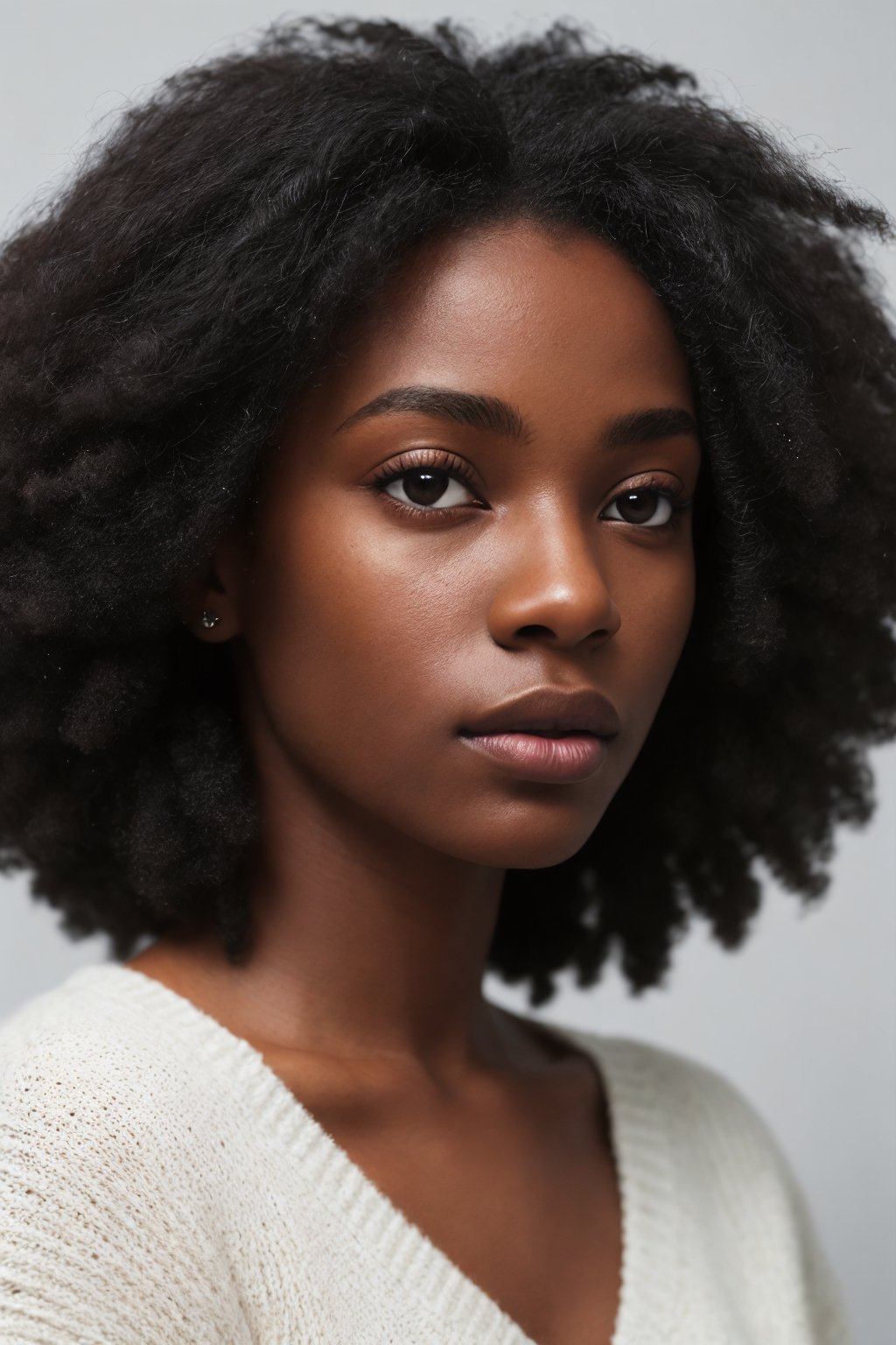 photo, rule of thirds, dramatic lighting, african_american_hair, detailed face, detailed nose, black_woman_wearing_v_neck_turquoise sweater, calm, minimal white background, realism,realistic,raw,analog,black_woman,portrait,photorealistic,analog,realism