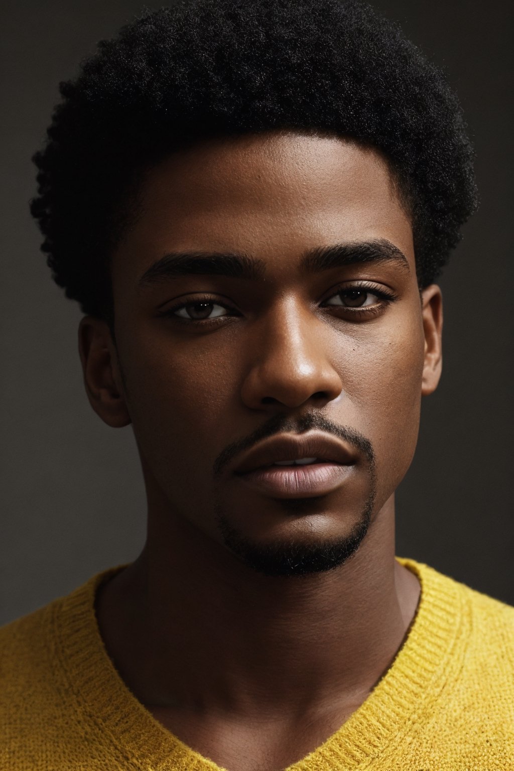 photo, rule of thirds, dramatic lighting, medium hair, detailed face, detailed nose, black_man_wearing_v_neck_yellow sweater, calm, minimal white background, realism,realistic,raw,analog,black_man,portrait,photorealistic,analog,realism