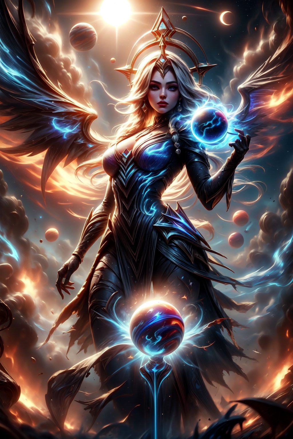 high quality, high definition, 4k, masperpiece,a preaty woman atractive, eclipse leona from league of legends
 preaty beautifull , massive hot, broken clothes, , magic, atractive, spell a sphere of energi in his hand, wings, I want it to be blue fire
 with torn clothes broken clothes and massive hot hot middle shot, ,blue Fire, brown long hair and a gold dress, floting, floting , long shot ,Emi, who can see the stars and planets,Anigame ,leona