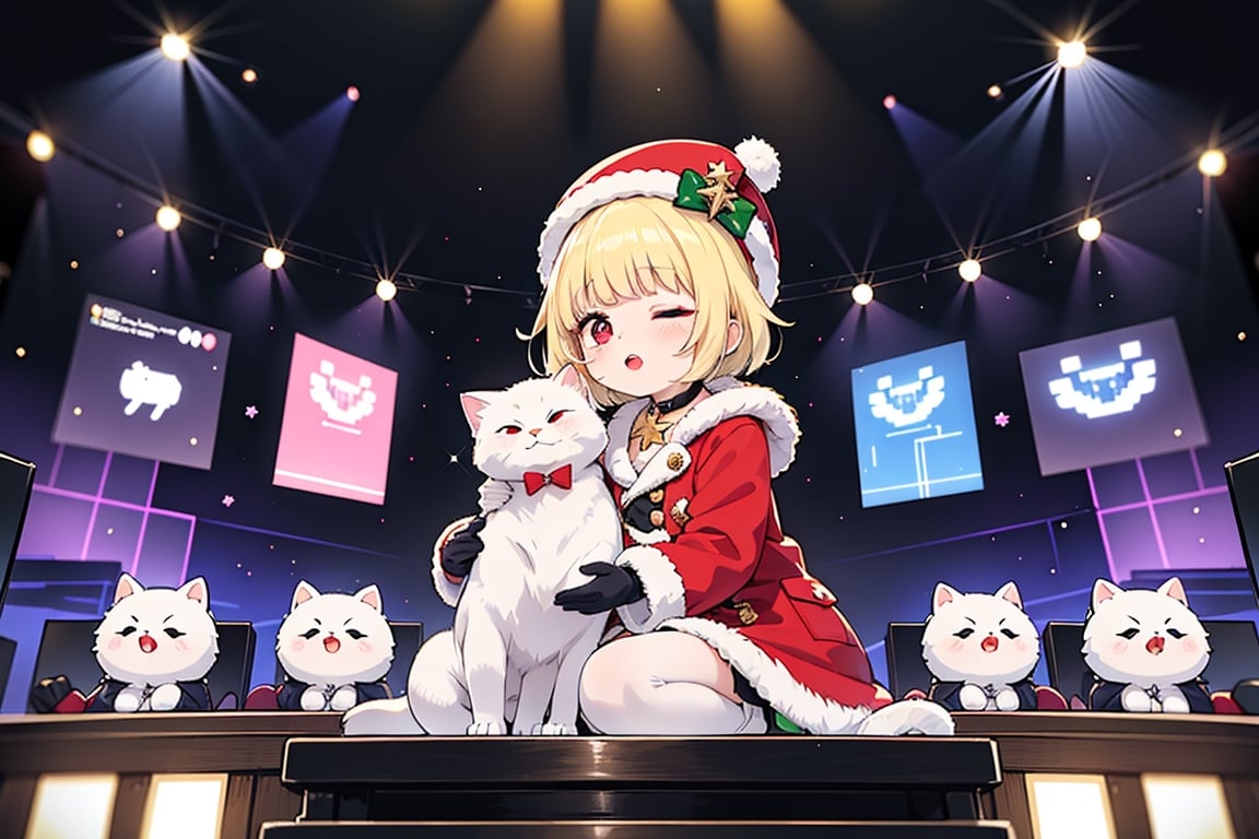 Blonde woman,singing,playing electric guitar,short hair,red eyes,long red eyelashes,red lips,wearing a red snow hat with a white fur ball on the top,a purple starfish on the hat,white fur on the edge of the hat,and a red coat,coat with gold buttons,green skirt,green bow on the neck,green sneakers,gold laces, no gloves,singing in front of microphone,sleeping furry white cat audience,white cat wearing a pink bow on head,surrounded by bubbles,shining point,concert,colorful stage lighting,no people,Tetris game background,anime